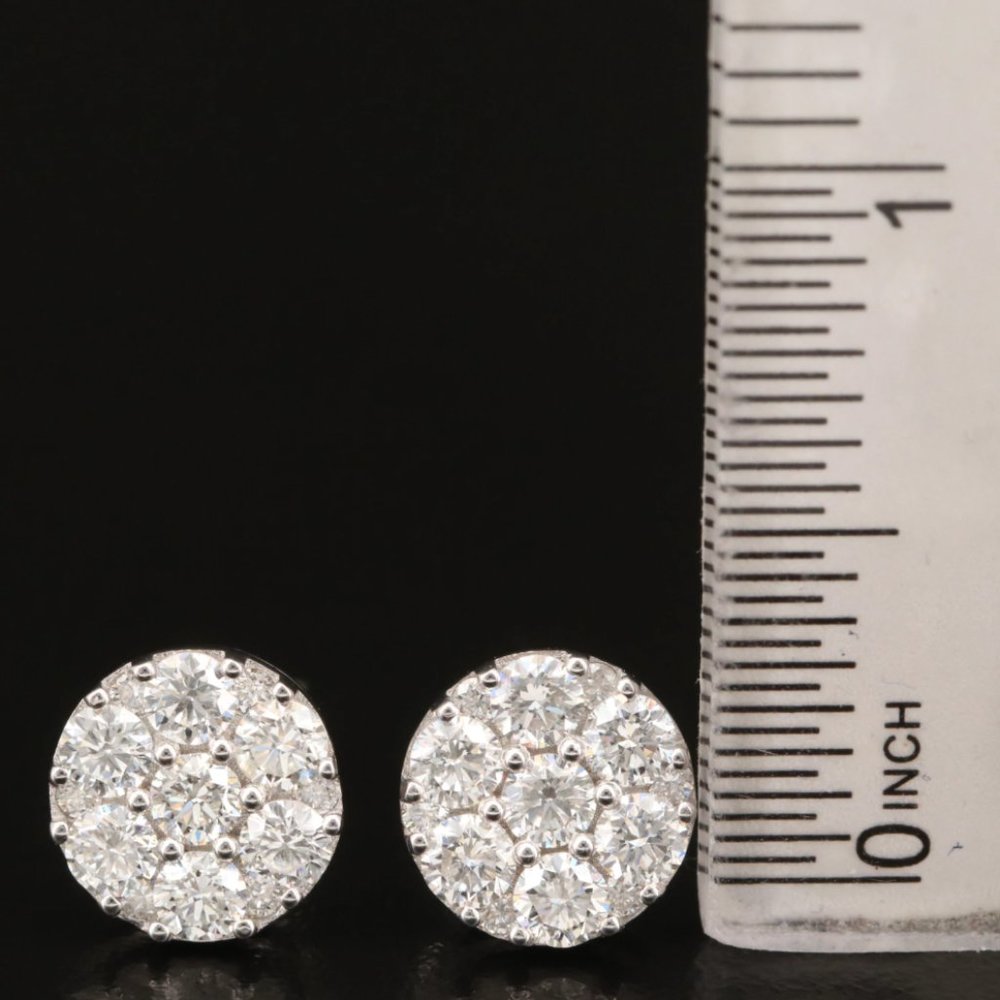Appraisal Included - 18K Gold 1.82 CTW Diamond Cluster Stud Earrings - Picture 2 of 7